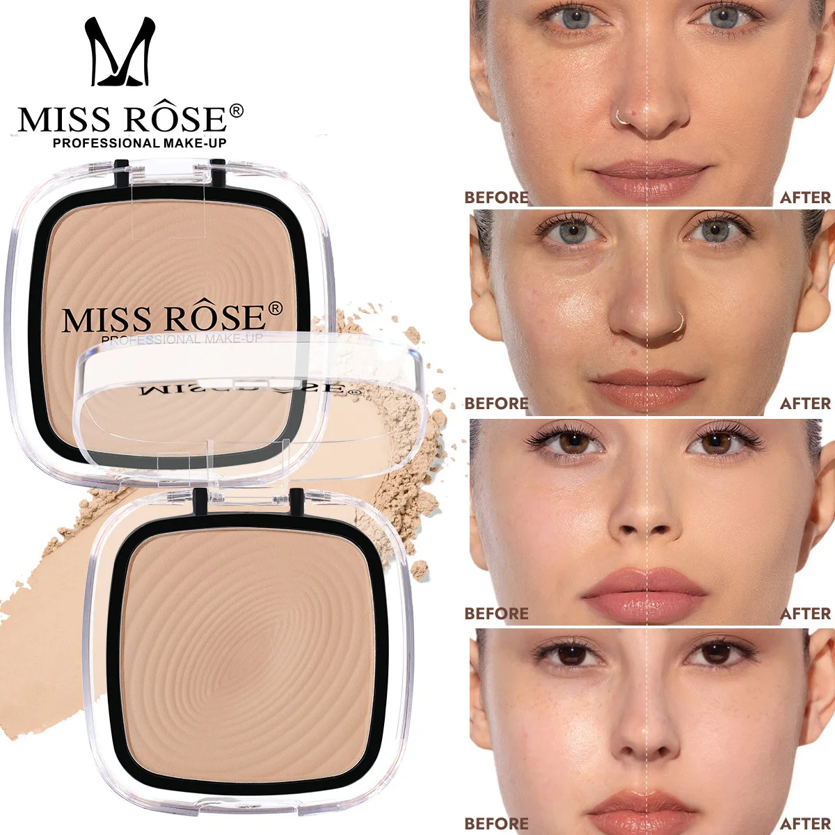 MISS ROSE Square Face Powder Palette Natural Skin Tone Long Lasting Concealer Lightweight Oil Control Makeup Cosmetics