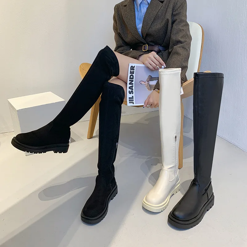 Women High Boots Fashion Woman Round Toe Zipper PU Leather Knee High Boots Women Chunky Platform Long Boots Solid Retro Botas