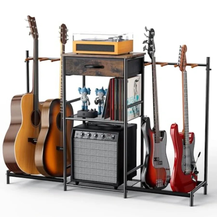 

Guitar Stands Floor with 4 Guitar Holders, 3-Tier Guitar Stand Multiple Guitars, Guitar Rack with Amp Stand and Cloth Drawer, M