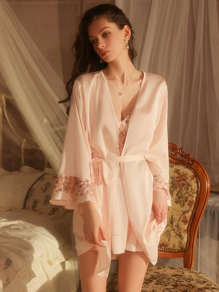 Sleepwear and Skirt 2-piece Set Deep V Temptation Sleepwear Pure Desire Sexy Layer Yarn Strap Skirt Outer Robe Set M5516