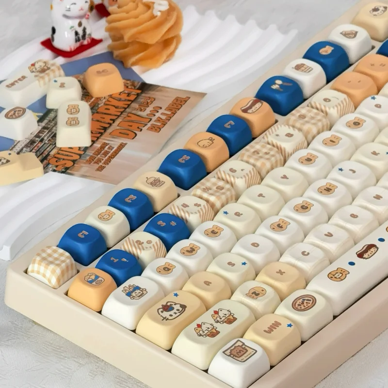 Yummy Keycap PBT Five-sided Thermal Sublimation Cute Creamy Taiyaki Gourmet Keycaps 131 Keys MOA Light Yellow Keyboard Caps