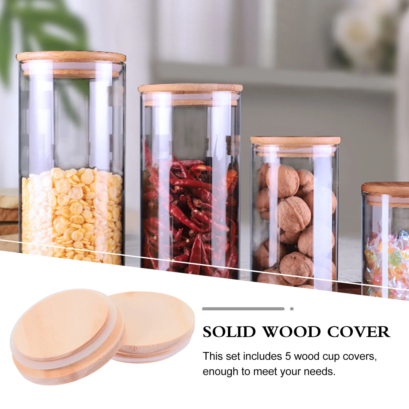 

5pcs Solid Pine Wood Cup Lid Natural Coffee Mug Cover Glass Jar Bottle Sealed Lid Set Kitchen Bar Accessory