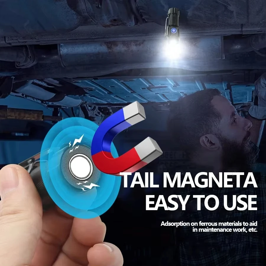 مصباح يدوي عالي الطاقة قابل لإعادة الشحن، 5 أوضاع، شعلة صغيرة قوية فائقة السطوع، كشاف طوارئ مع مغناطيس ذيل بمشبك قلم