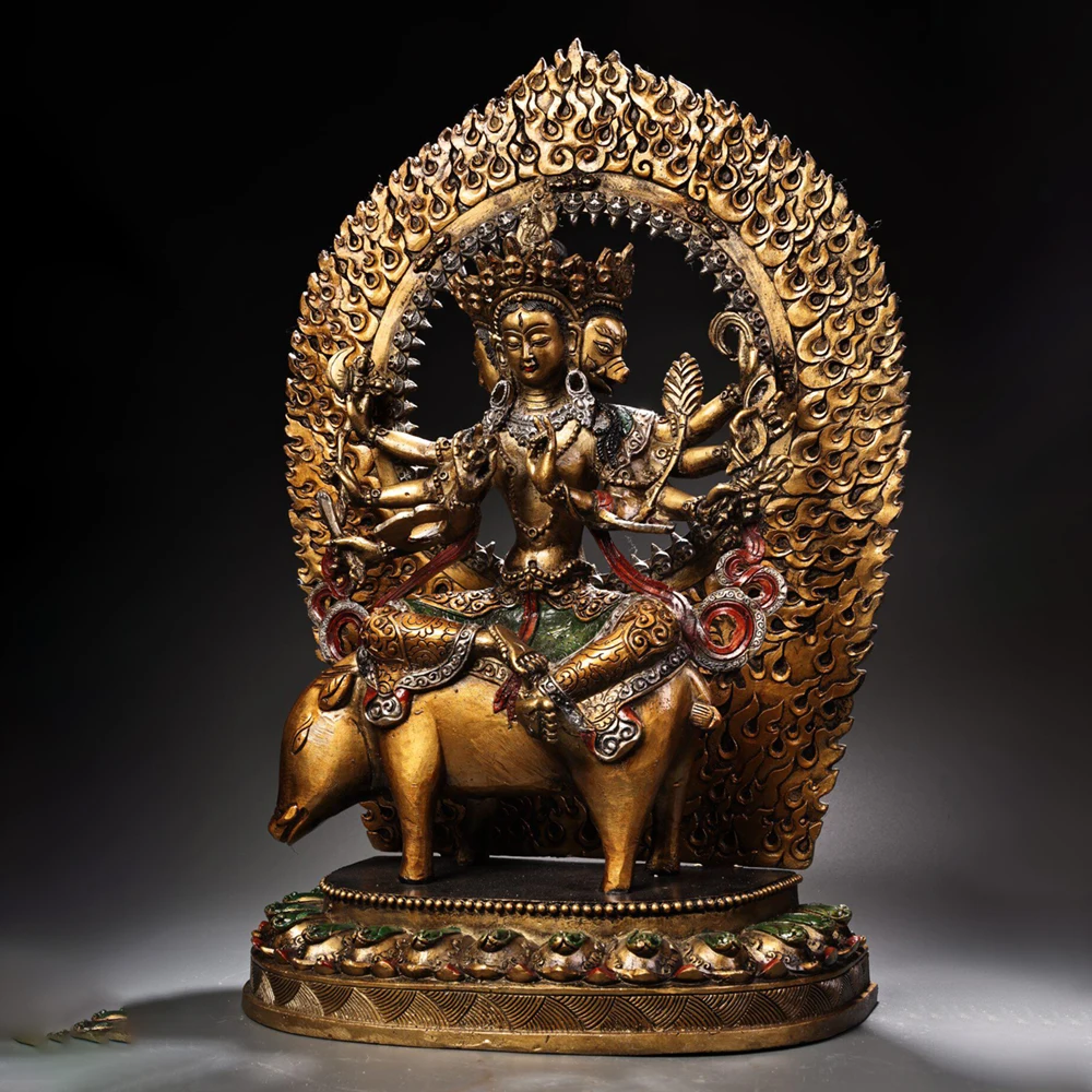 Old Copper Painted Gold Highlight Marici Buddha Statue Riding Pig Heavy Patina