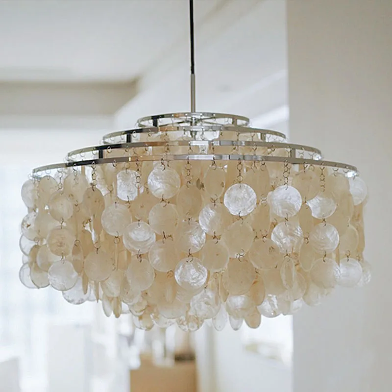 

French Cream Style Retro Pearl Shell Chandelier Dining Room Bedroom Nordic Wind Chimes Hanging Lamp