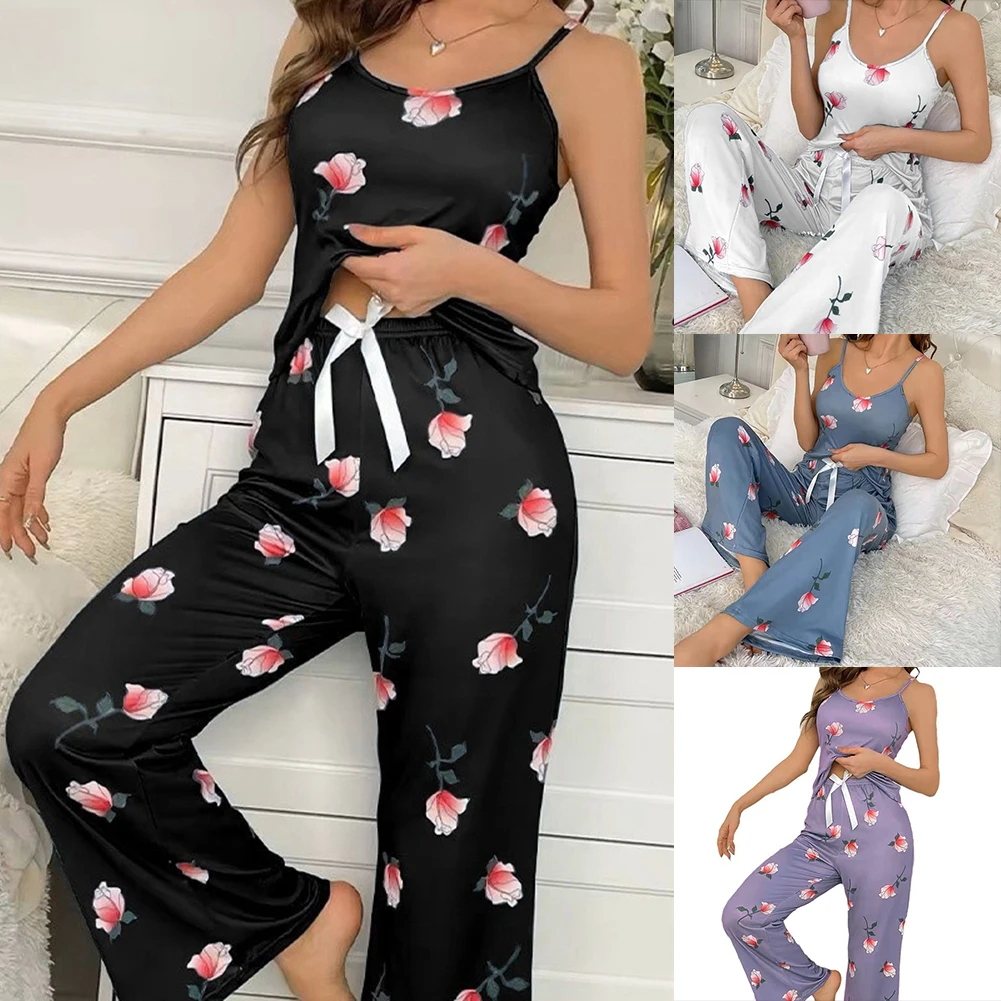 Ladies Two Piece Pajamas Floral Printed Sexy Casual Lift Pants Loungewear