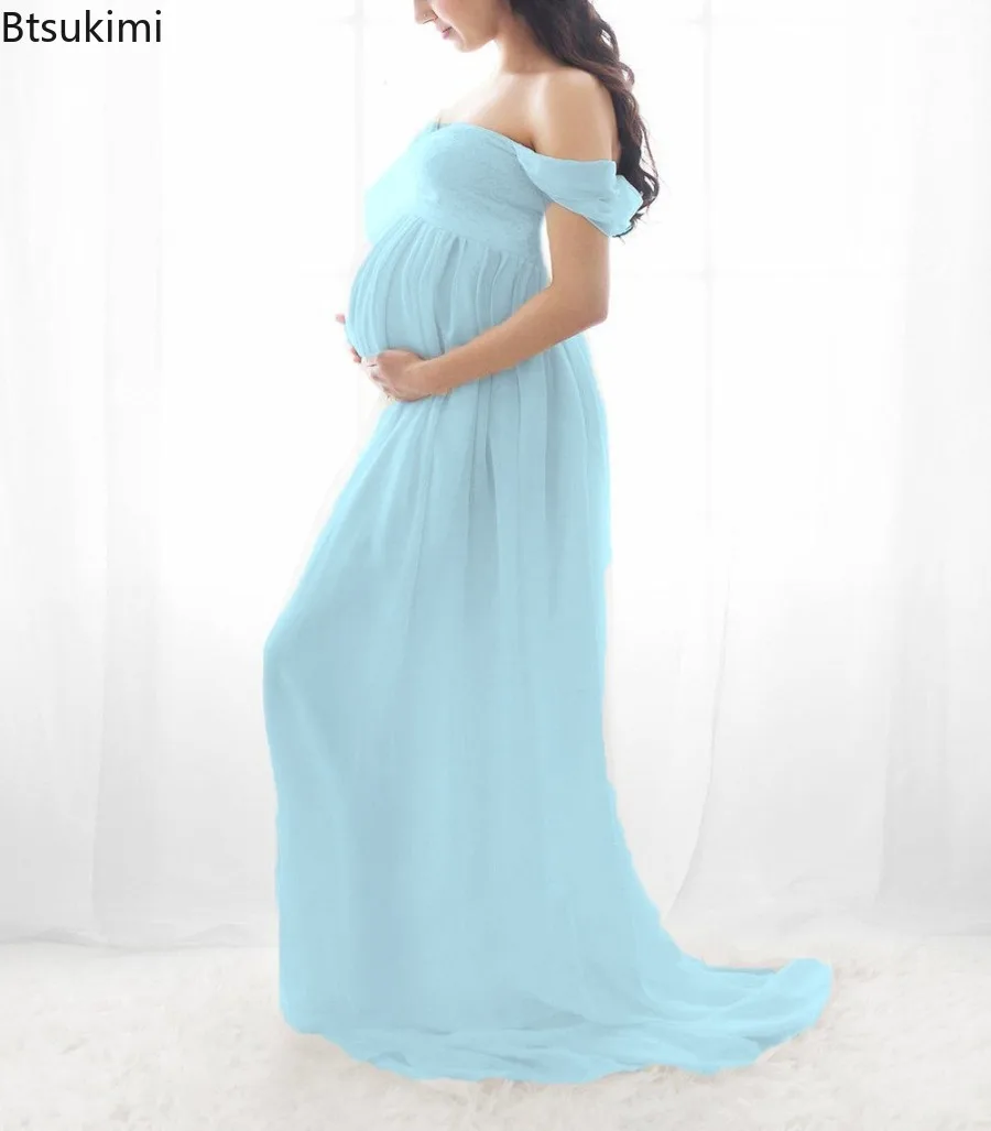 New Maternity Lace Chiffon Splicing Long Dress 2026 Summer Sexy Photo Pregnant Women Baby Shower Shoot Photography Prop Clothing