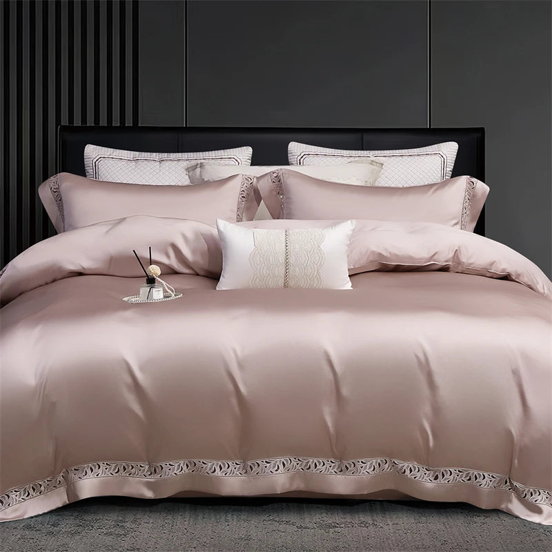 1000TC Egyptian Cotton Luxury Bedding Set Hollow Lace Duvet Cover Set Silky Satin Feel King Queen Size Bed Sheet Pillowcase 4Pcs