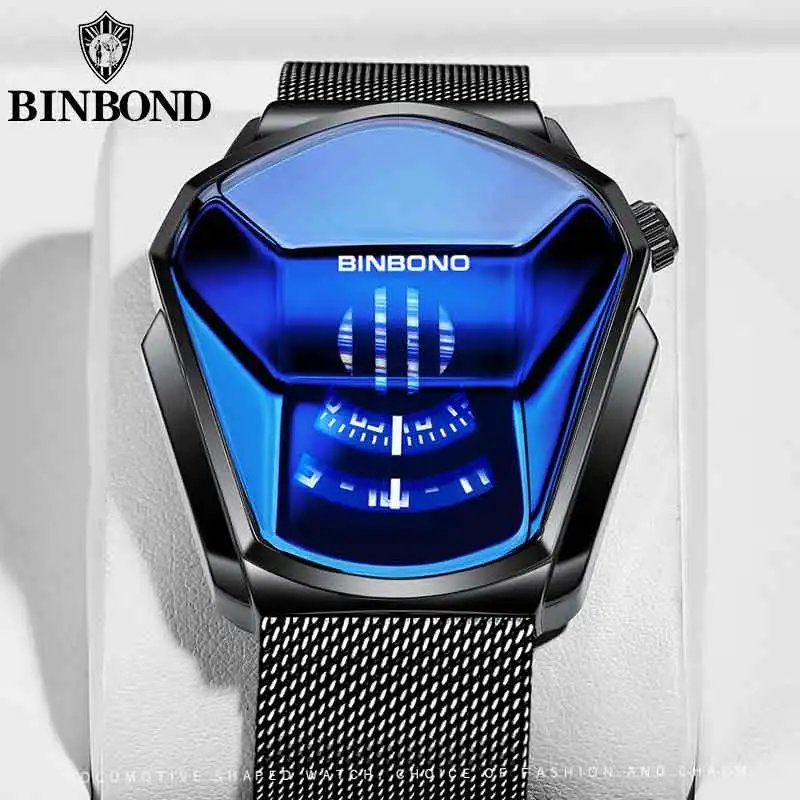 BINBOND Fashion Motorcycle Concept Men's Quartz Watch Stainless Steel Mesh Belt Waterproof Watch Black Technology Watch JiChe01