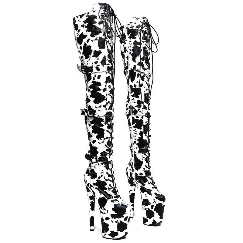 Leecabe 20CM/8inches Matte PU Cow pattern Upper Fashion trend closed toe platform High Heel stripper heels Pole Dance boot