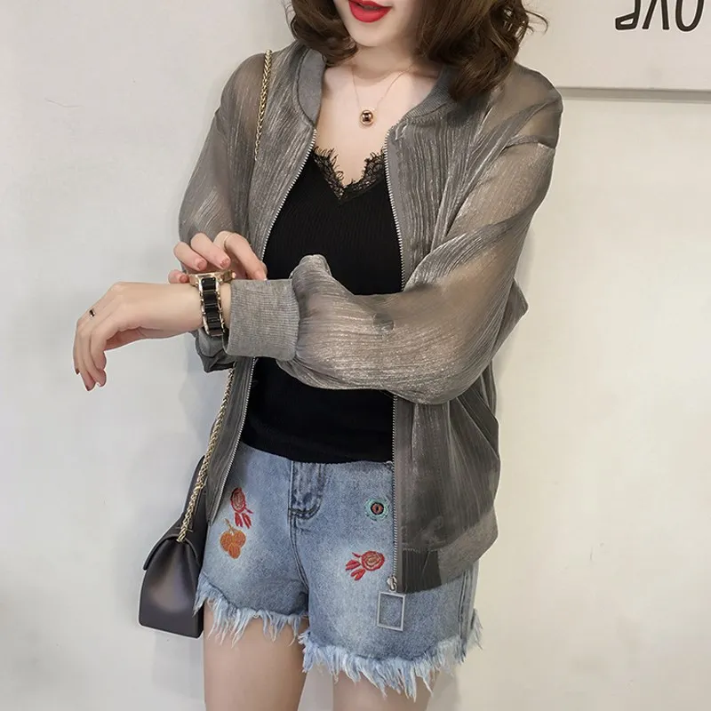 

Organza Sunscreen Women'S Summer Oversize Mesh Jacket Long Sleeve Spring Summer Short Bright Silk Thin Coat Baseball Uniform