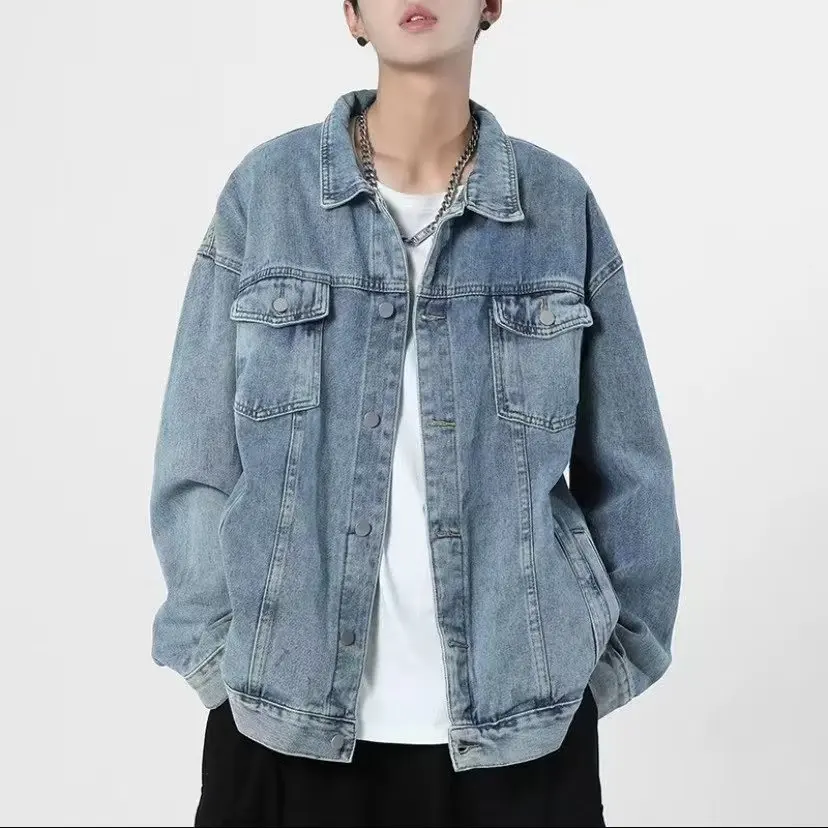 

Свободный джинсовый джинсовый джинт большого размера, мужской уличный квадратный воротник, простая осенняя модная верхняя одежда, полиэфирная ткань