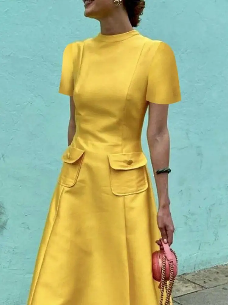 Bonboho Solid Yellow Ankle Legth Dress for Women 2024 Summer Elegant Evening Dress Short Sleeve Pockets A-line Maxi Dress