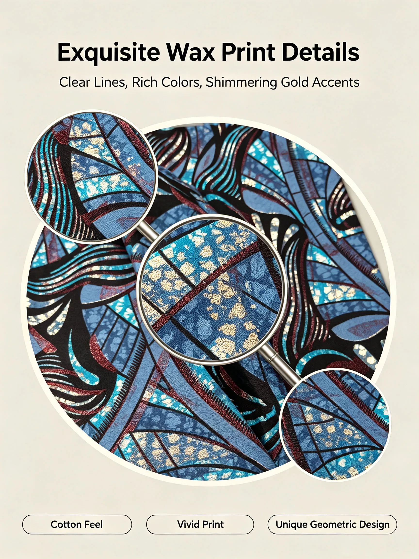 Luxury Golden Glitter African Ankara Wax Fabric 100% Cotton Blue Geometric Print Pagne Hollandais Batik Cloth For Women Dress Se view 4