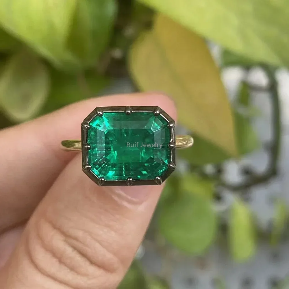 Ruif Real Luxury 14 Gold Feather Rings 5.77ct Lab Grown Emerald Ring for Women Wedding Accessories Elegant Temperament Jewelry