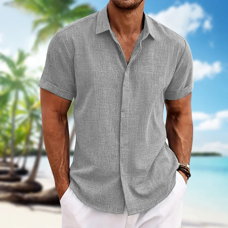 Men\'s short-sleeved shirt cotton linen lightweight skin-friendly beach top loose casual solid color fashion men\'s wear