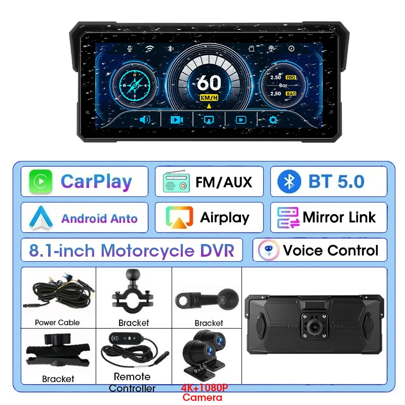 Srnubi 8.1-inch Motorcycle DVR Navigatie GPS Draadloze Carplay Moto Android Auto IP67 Waterdichte Monitor Motorhelm Camera
