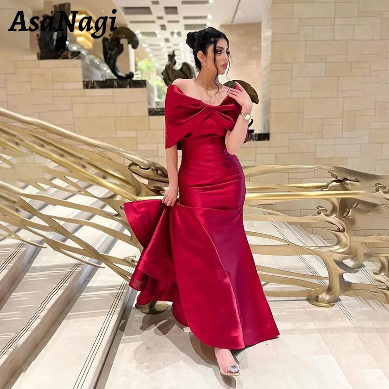 

AsaNagi Elegant Off Shoulder Evening Dresses Women's Bow Red Satin Party Prom Dress Mermaid Floor Length Special Occasion Gowns