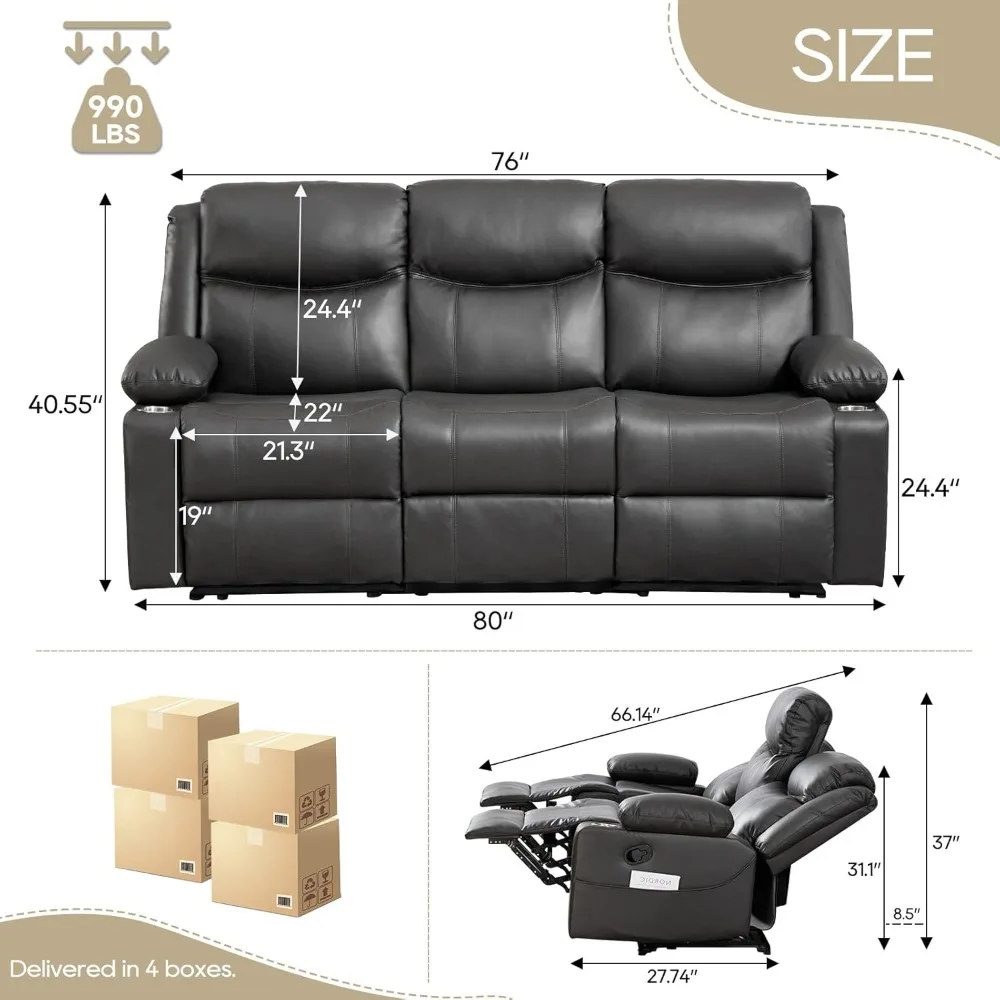 Manual Reclining Sofa - 3 Seat Recliner Sofa with Heat & Massage Function, Wall-Hugger Reclining Sofa for Living Room