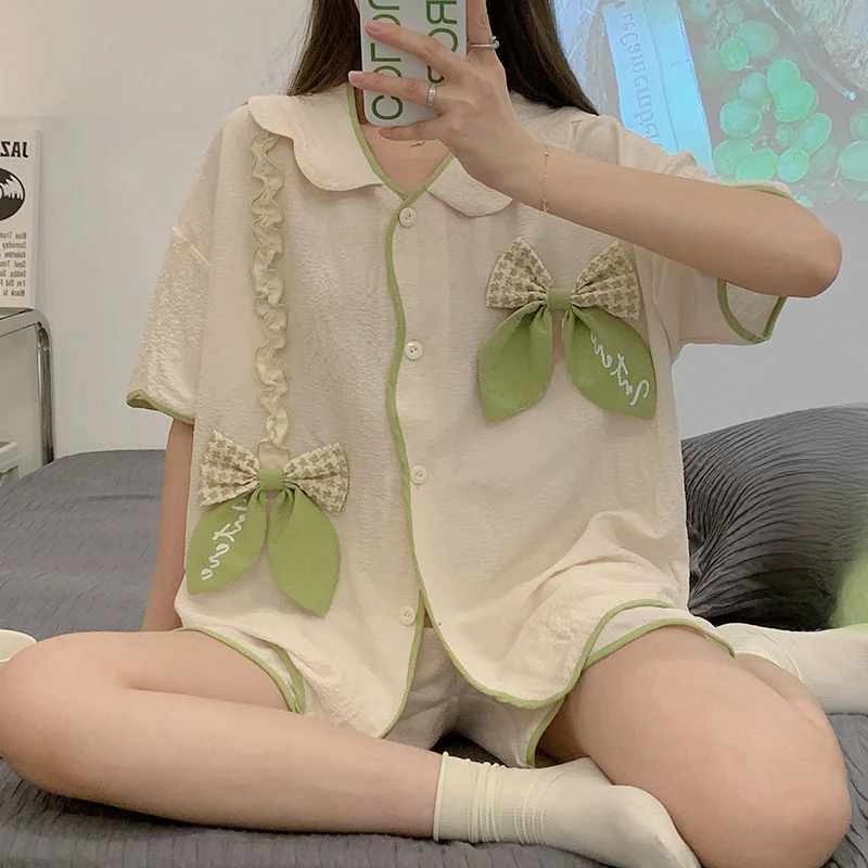 2024 Online Sensation Japanese Lace Pajamas Female Summer Sweet Cute Cotton Yarn Linen Short-sleeved Student Bubble Crepe Set