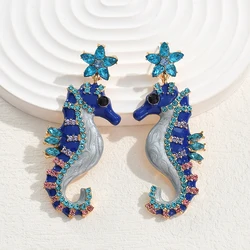 Cute Metal Blue Black Crystal Seahorse Drop Earrings for Woman Funny Creative Marine Animal Earrings 2024 Personality Jewelry