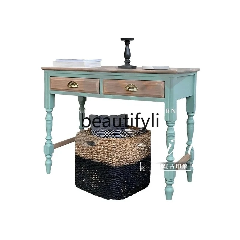 

French Retro Solid Wood Entryway Cabinet American Style Living Room Wall-Mounted Storage Hallway Cabinet