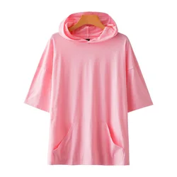 Large Size Women's Summer Loose Short-Sleeved T-shirt Bust 144cm 5XL 6XL 7XL 8XL 9XL Solid Hooded Top 5 Colors