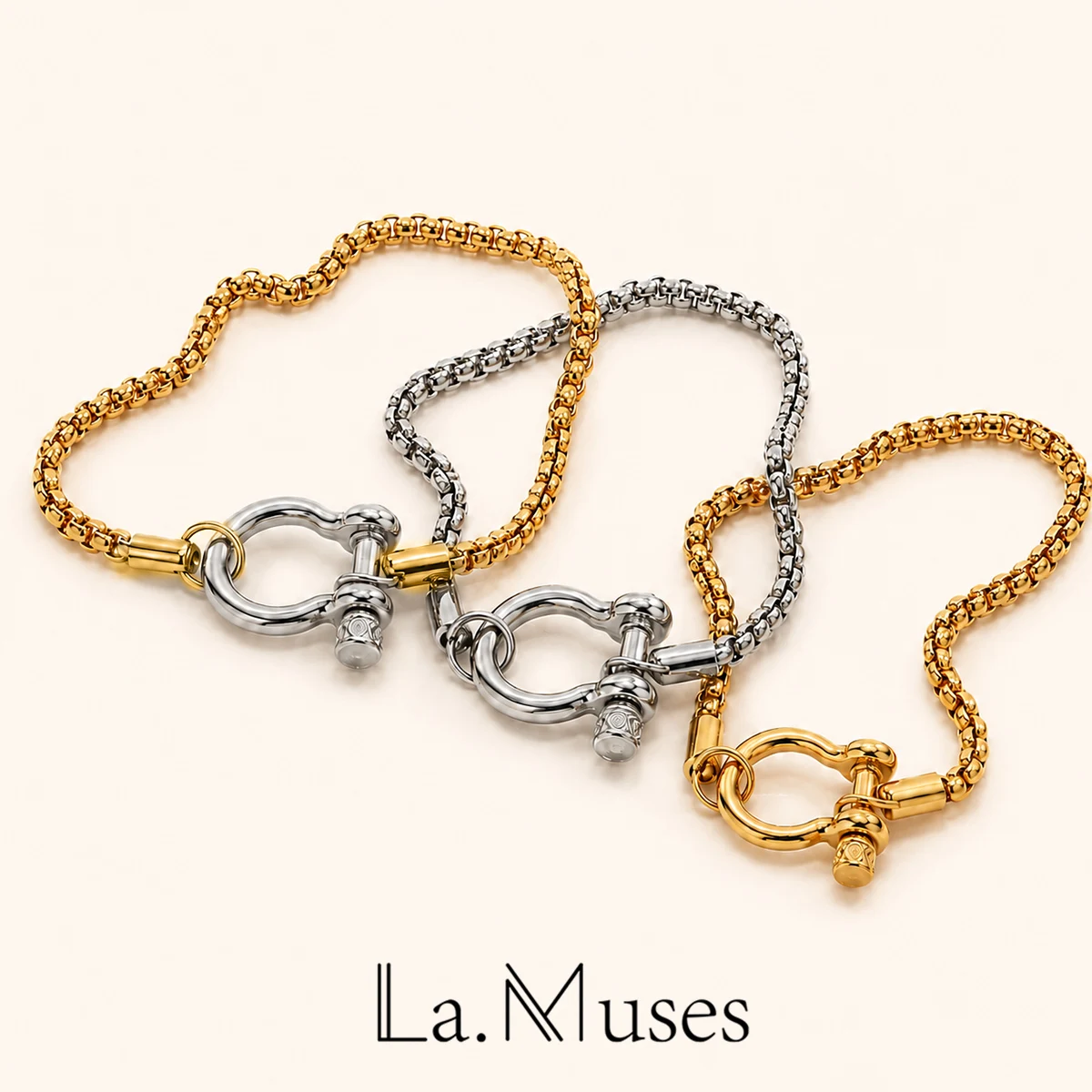 La. Muses Mixed Color Square Pearl Chain Buckle Pendant Stainless Steel Women's Bracelet PVD Plated Fashion Jewelry Accessories