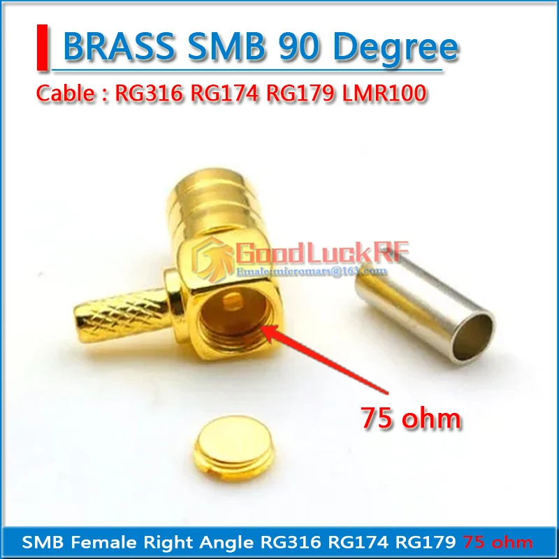 75ohm SMB Female 90 Degree Right Angle Crimp for RG316 RG174 RG179 LMR100 Cable Plug Gold Plated Coaxial low loss RF Connector - view 2