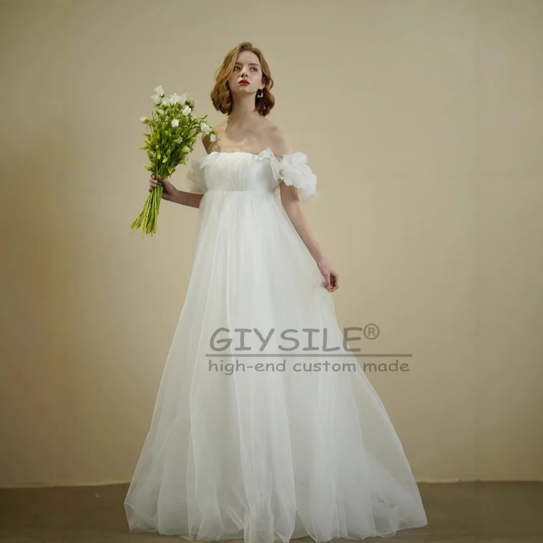GIYSILE مخصص بسيط قبالة الكتف فساتين الزفاف التقطت الصور مطوي التفتا فستان زفاف طول الأرض ألف خط مشد فيستدو