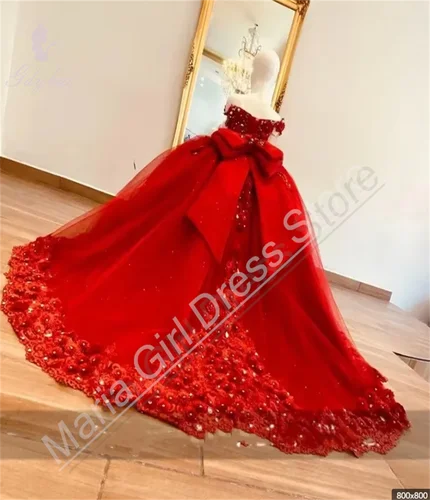 Vestido de niña de flores rojas para boda, vestido de desfile con lazo y hombros descubiertos de malla esponjosa, fiesta de princesa, cumpleaños, personalizado