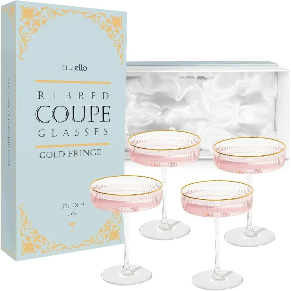 

Champagne Coupe Glasses Set of 4, Gold Rimmed, 7oz Vintage Cocktail Glass, Ribbed Luted Glassware for Champagne, Cosmopolitan, S