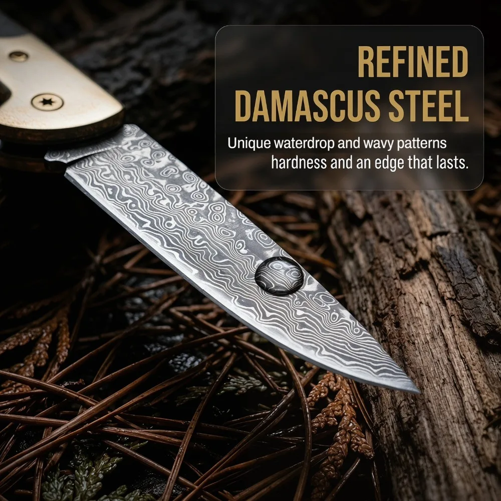 Outdoor Folding Knife Exquisite Pocket Knife Damascus Steel Blade Brass + Micarta Handle Fishing Hunting Knives Cutting Tool view 3