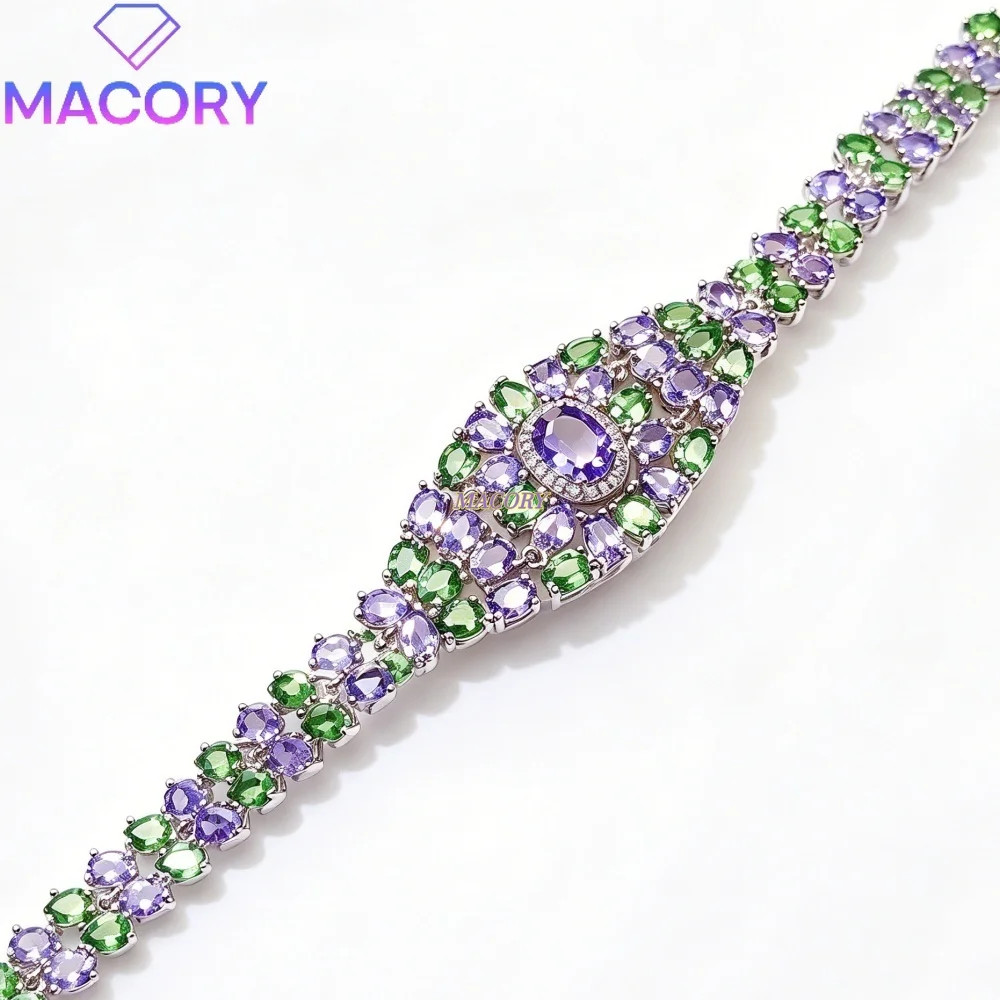 Natural Tanzanite and Tsavorite Bracelet S925 Sterling Silver Pave Zircon Luxury Statement Bracelet Wedding Banquet Fine Jewelry