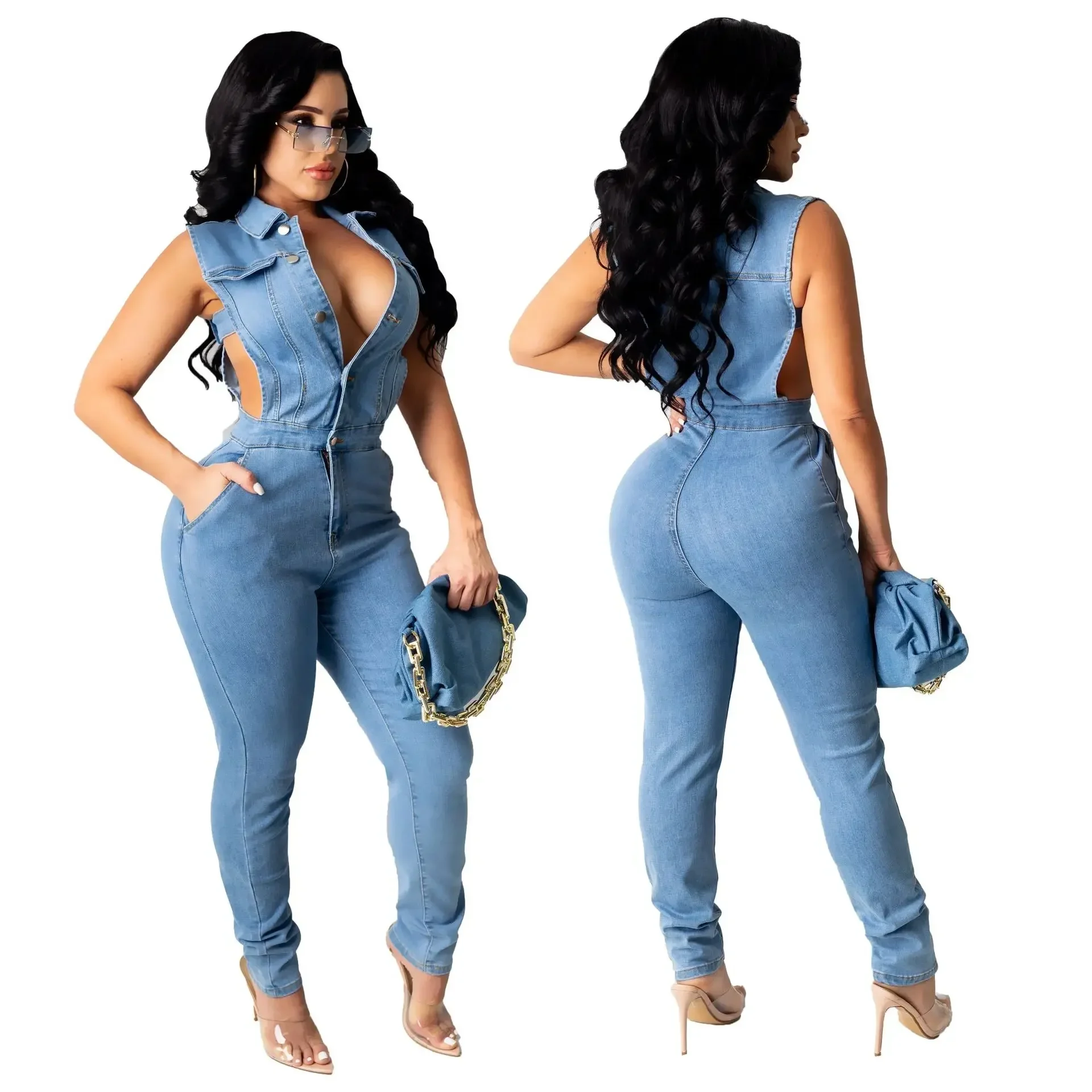 

Hollow Denim Ankle Length Pants Women Overalls Spliced Washed Pencil Jeans Vintage Skinny Jean One Piece Button Sexy 2024