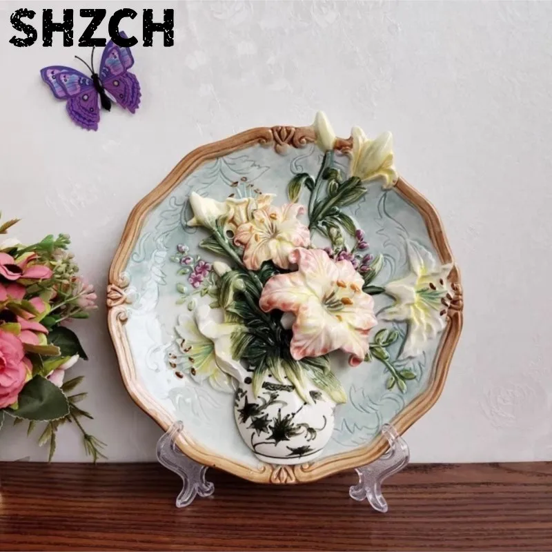 Exquisite Ceramic Lily Flower Wall Hanging Plate Handmade Living Room Decoration Plate Ornaments Rustic Home Decoration ZJ59
