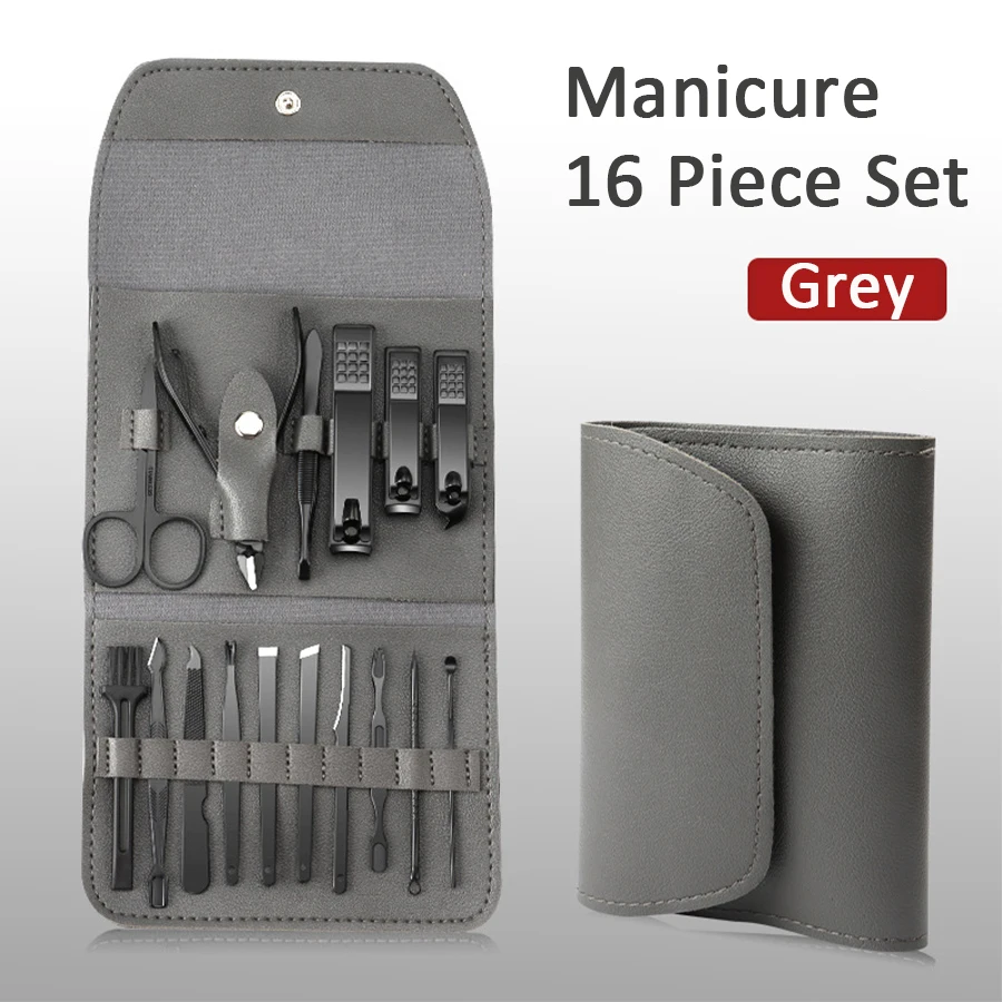 Ensemble de manucure et pédicure, coupe-ongles professionnel en acier inoxydable, outils avec étui de voyage, 16 pièces