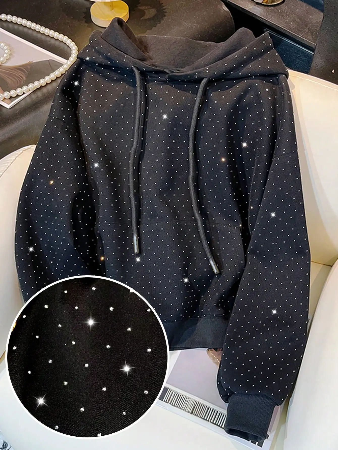 

Black Rhinestone-Dotted Hooded Sweatshirt for Women, Loose Fit, Autumn Winter