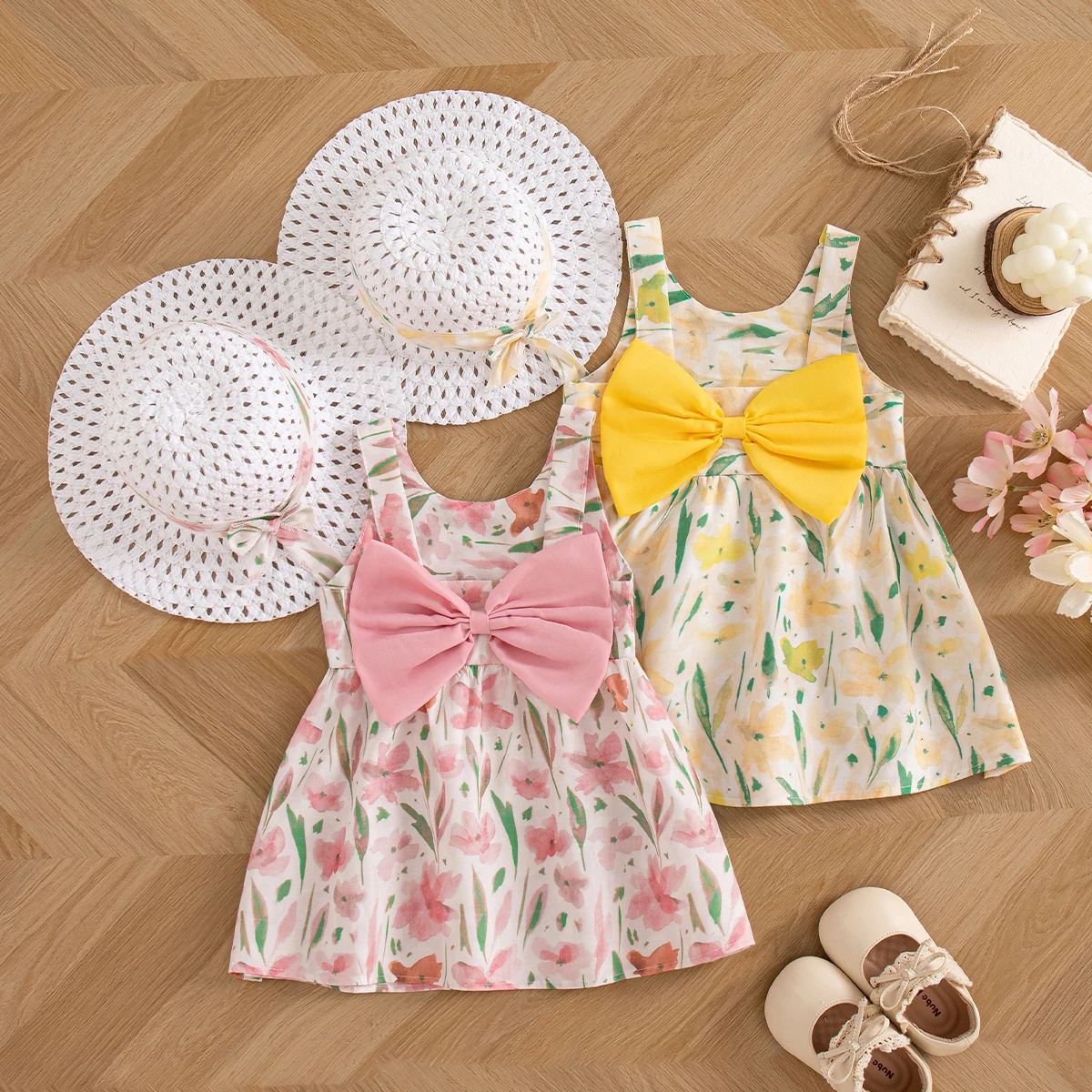 

Хлопковое платье для маленьких девочек, розовое платье без рукавов с бантом и акварельным цветочным принтом, с шляпкой, летняя одежда для девочек