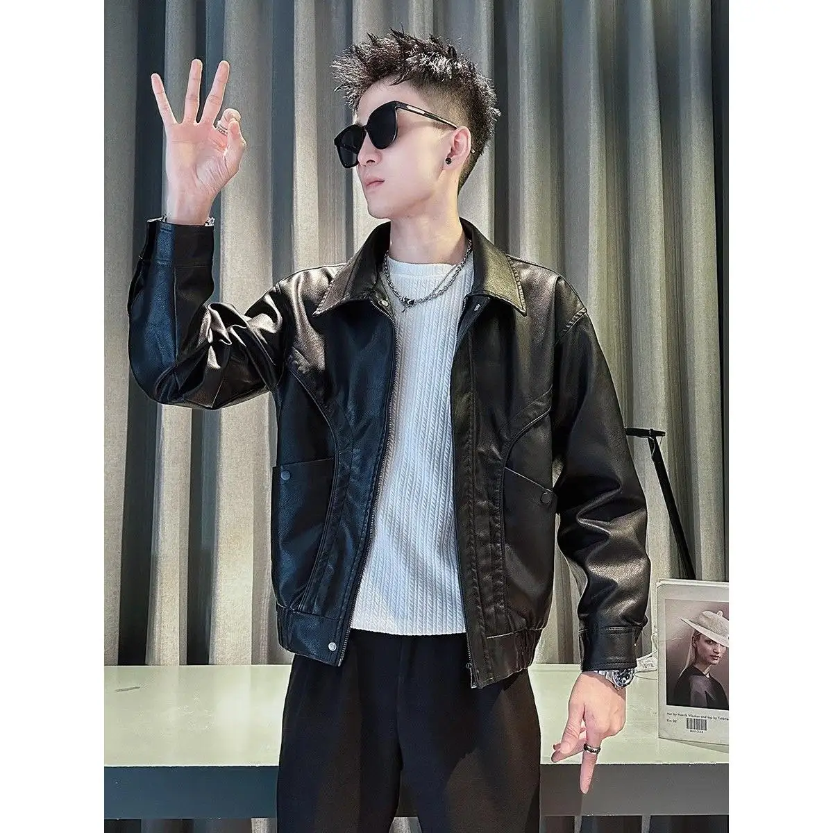 Trendy PU Leather Jaet Men's Faionable Streetwear Winter Warm Thiened Double-Sided Wear Casual Sle Metal Bule Sve