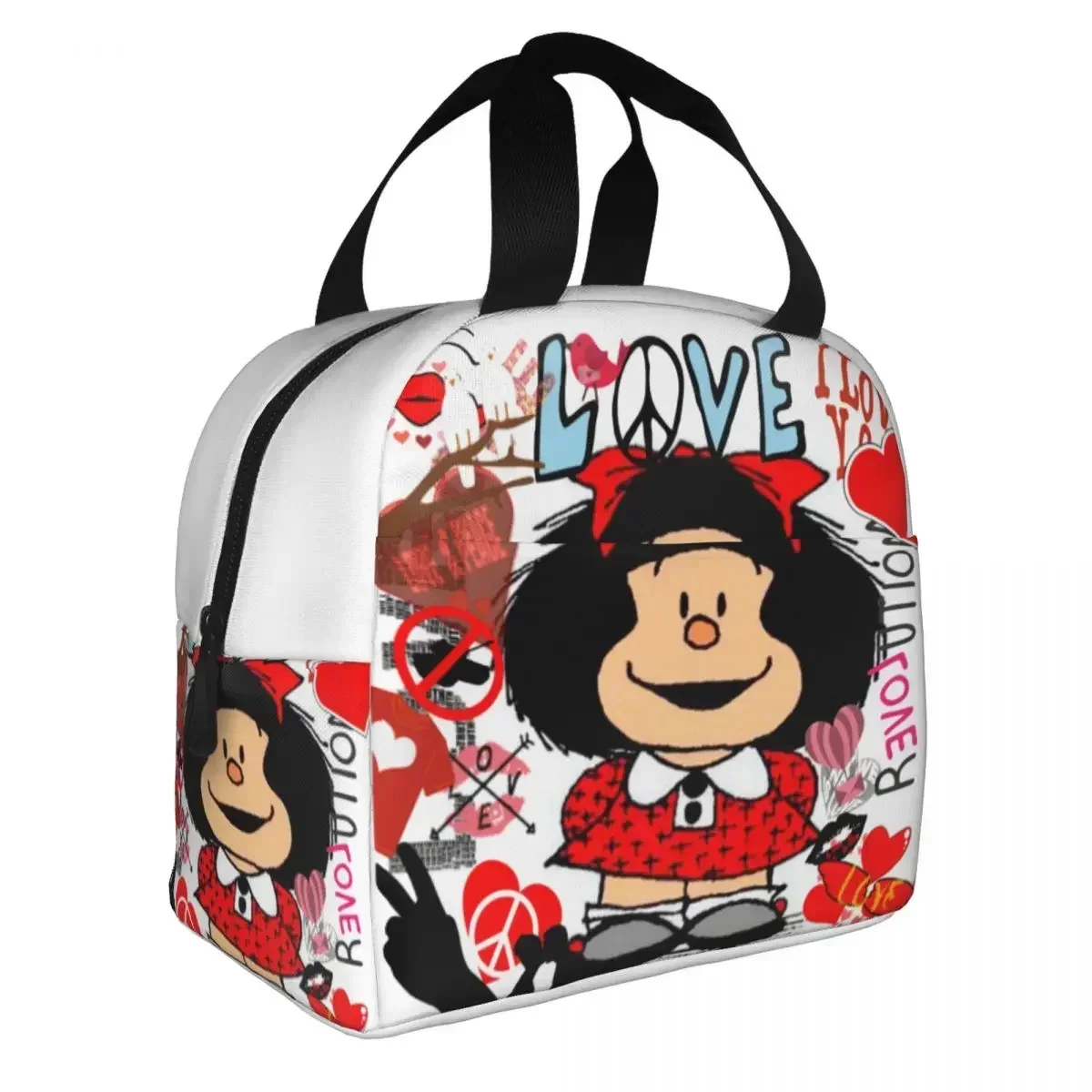 

Love Peace And Mafalda Insulated Lun Bags Thermal Bag Quino Argentina Cartoon Tote Box Food Storage Sool Picnic