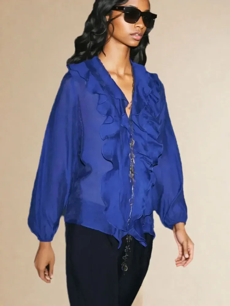 

HH Women Elegant Solid Ruffles V Neck Blouse Button Long Sleeve Shirt Female Fashion High Street Lady Chic Blue Tops
