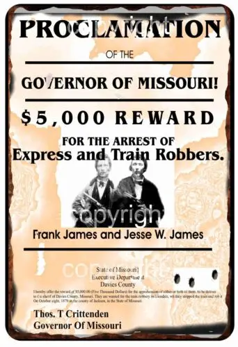 Wanted Poster Jesse & Frank Bank Robbers & Murder Metal Tin Sign  8 x 12