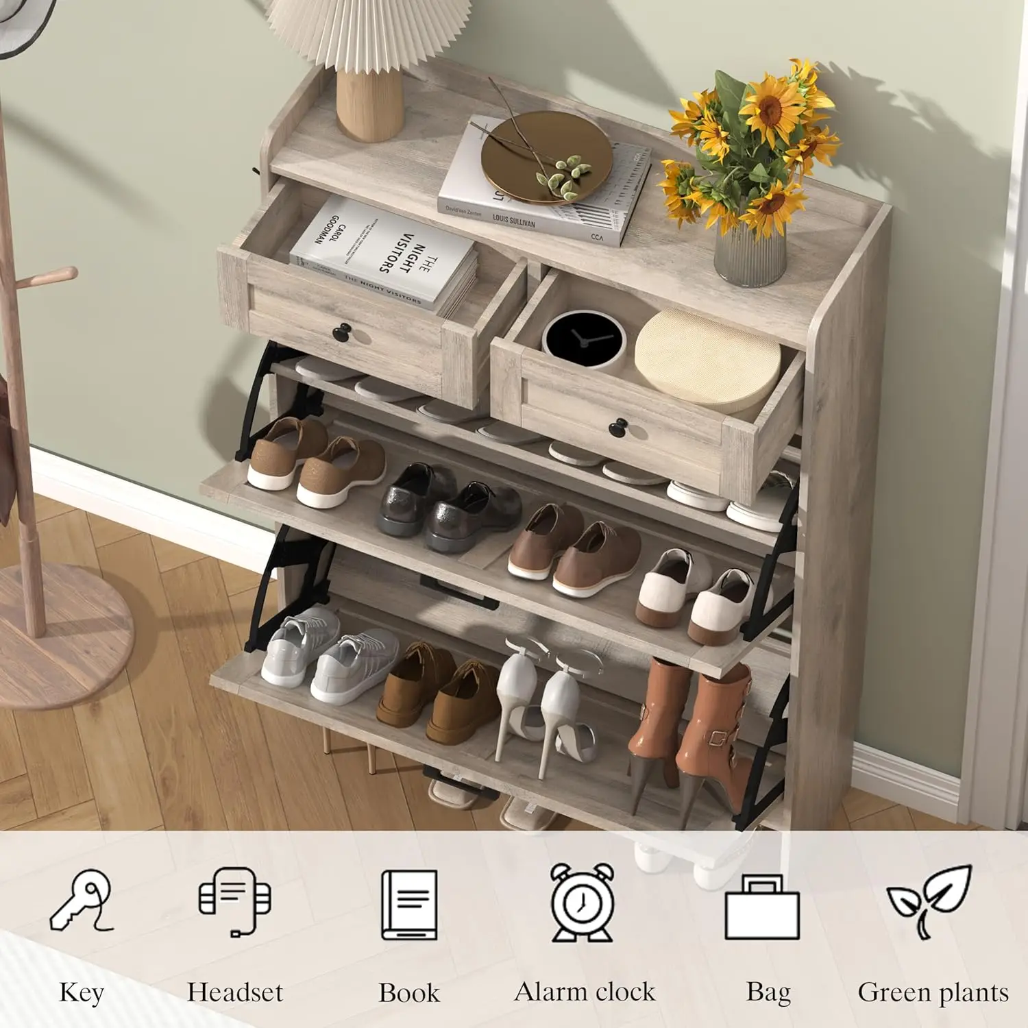 Shoe Cabinet with 2 Flip Drawers & 2 Storage Drawers, Rustic Farmhouse Narrow Shoe Organizer Cabinet, Slim Shoe Rack Cabinet, Sh