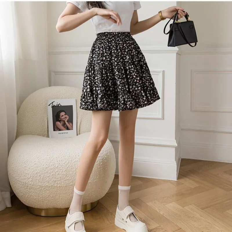 Skirts Women Vintage Floral Summer New Korean Style Ruffles Sweet Elastic Waist Aesthetic All-match Empire A-line Mini Clothing