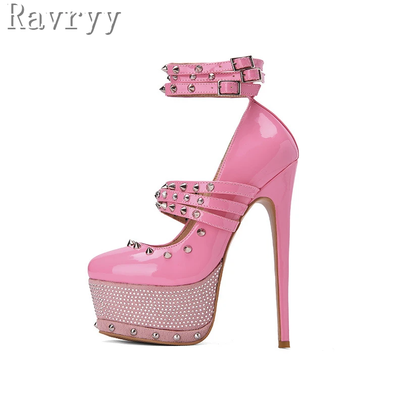 Luxury Rivet Rhinestones Platform Pumps Round Toe Ankle Buckle Strap Super High Heels Women Fashion Runway Party Stiletto Shoes