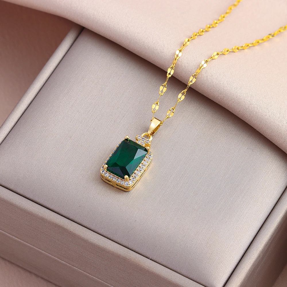 New Vintage Style Luxury Green Zircon Crystal Necklaces For Women Classics Female Daily Wear Stainless Steel Neck Chain Jewelry