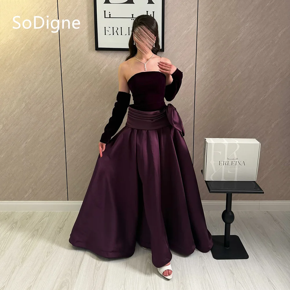 

SoDigne Elegant Purple Satin Evening Dresses Strapless Sleeveless Bow Party Dress Draped A-Line Prom Gowns Customized