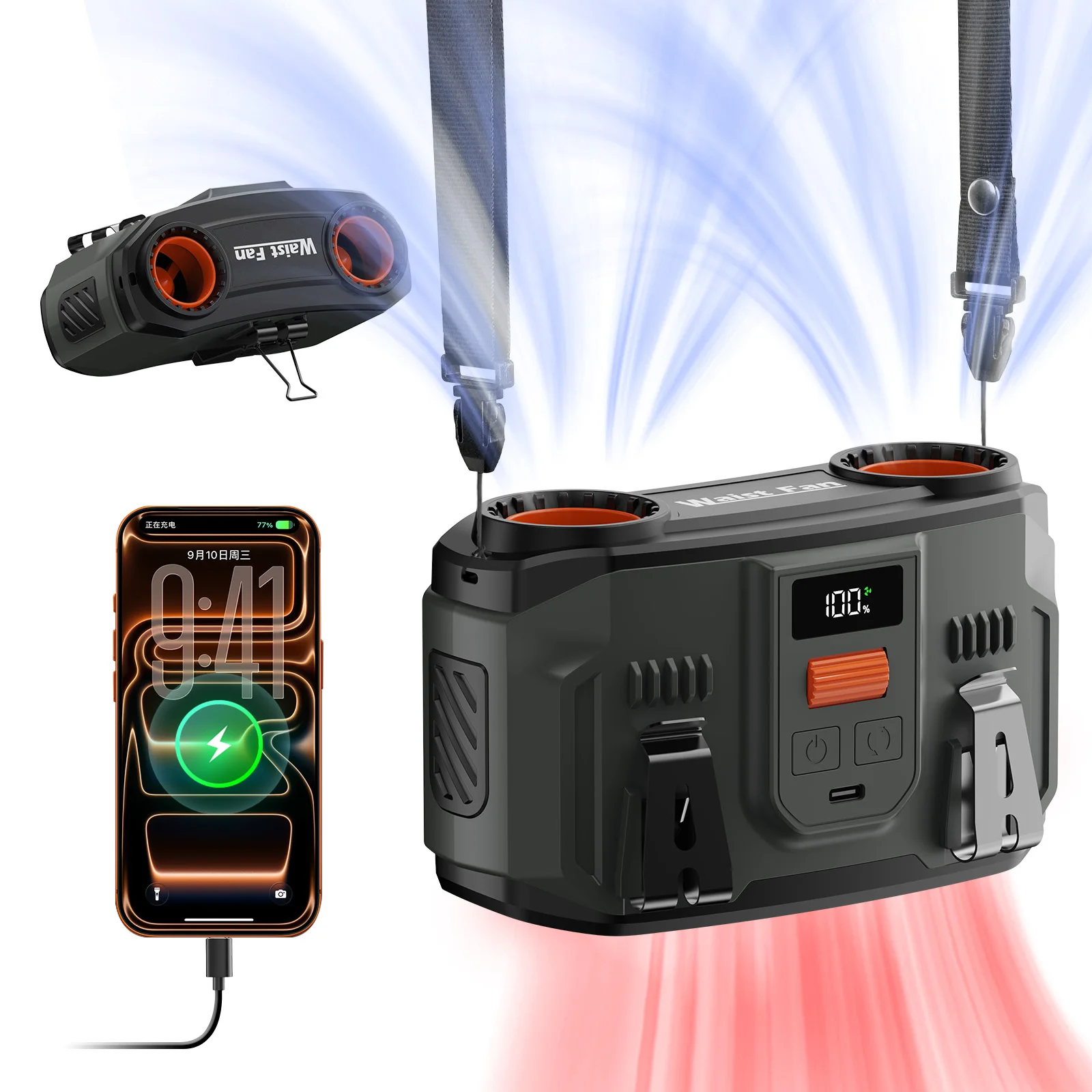 

Koloobo портативный поясной вентилятор 20000mAh перезаряжаемый персональный вентилятор клипса на ремень или рубашку 100 уровней мощный поток плавная регулировка двойные моторы 20000RPM без рук для улицы работы поездок