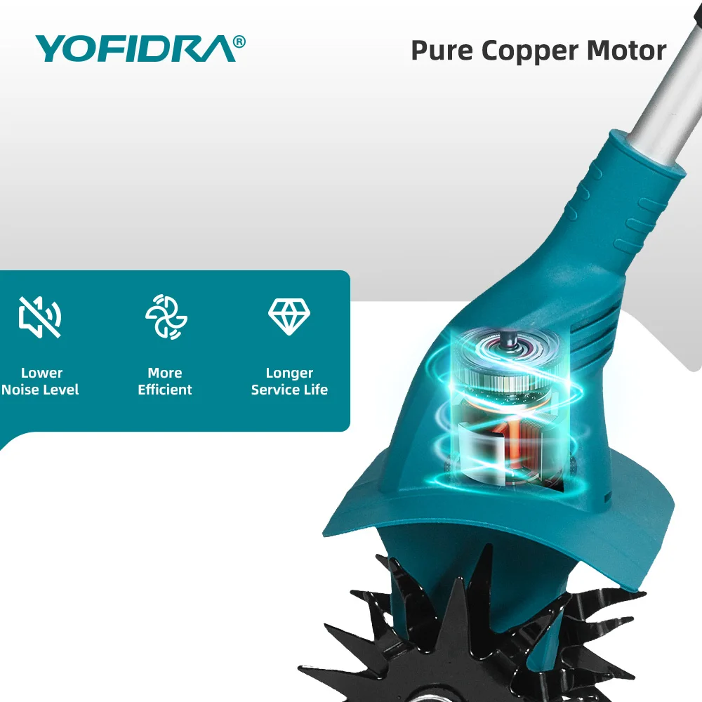 YOFIDRA 200MM Elektrische Gartenfräse Kultivator 180 ° Faltbarer Bodenfräser Rasenmäher für Makita 21V Akku – Detail 8